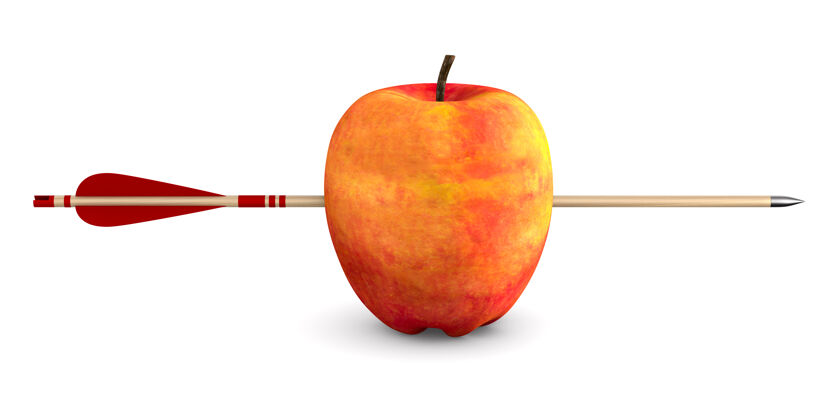 中心红苹果和箭头在空白处孤立的三维插图目标挑战财富