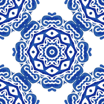 抽象Azulejo蓝白手绘瓷砖无缝装饰水彩画图案艺术瓷砖面料