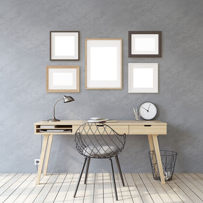 椅子家办公室.室内和框架实体模型.木制靠近灰色的桌子墙不同灰色墙壁上的框架类型3d渲染舒适橱柜渲染