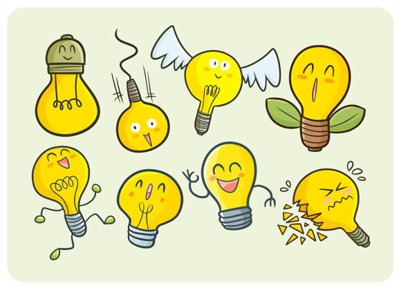 卡通可爱的卡瓦伊涂鸦风格灯泡字符表情灯灯泡