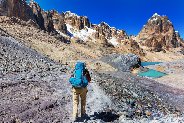 山地秘鲁科迪勒拉山脉的徒步旅行场景探险探索健身