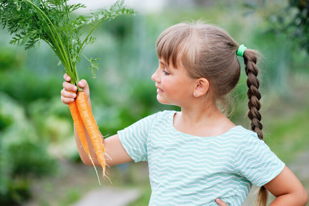 胡萝卜小女孩在厨房里摘胡萝卜花园.秋天蔬菜收获健康植物幼儿园
