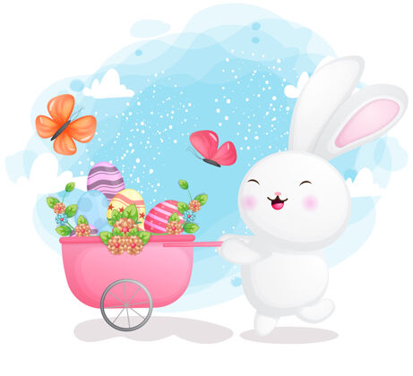 兔子快乐微笑的兔子收集装饰复活节彩蛋在车里天空卡通兔子