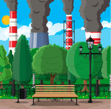太阳厂房和城市公园有发电厂烟囱管道公园