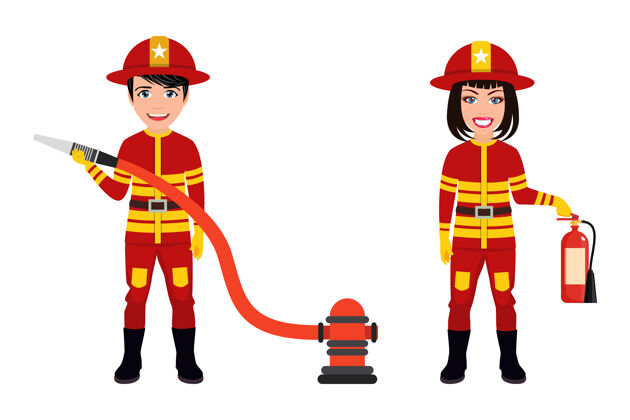 工作快乐可爱聪明的消防员角色穿着消防服 挥舞着灭火器和消防水龙带消防消防员服务