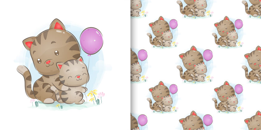 气球图案集小猫和大猫玩气球的插图动物花卉水彩