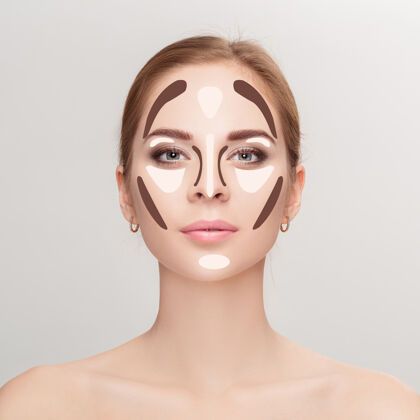 皮肤轮廓制造灰色的女人脸背景轮廓突出显示化妆师面部化妆样本时尚轮廓完美