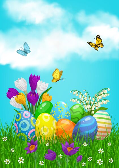 刀片复活节彩蛋带着鲜花和蝴蝶在田野里打猎卡通花游戏