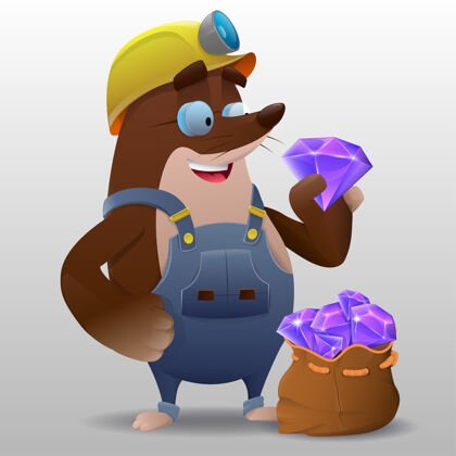 人卡通可爱的鼹鼠矿工与水晶游戏插图腰带帽子人