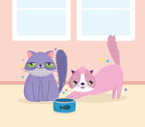 卡通有趣的猫与食物碗在房间卡通矢量插图可爱家庭盘子