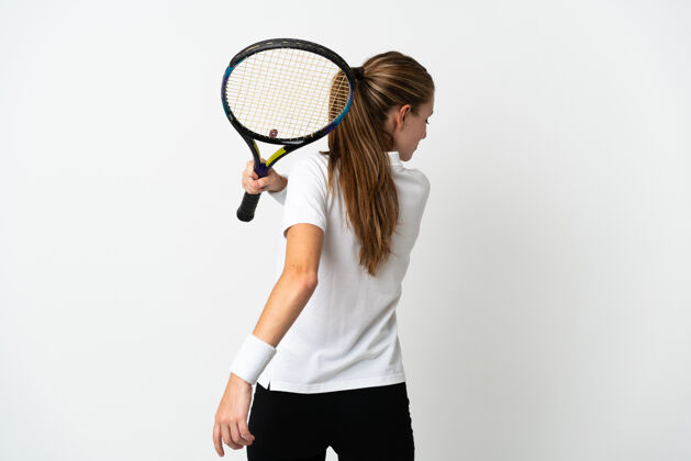 休闲白种背景的年轻白种女人打网球青年运动健康