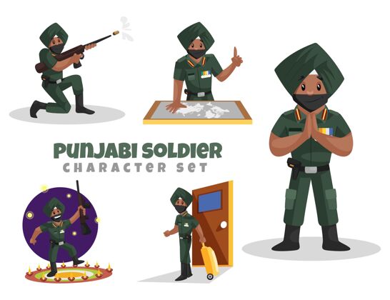 印度旁遮普士兵角色集的卡通插图宗教艺术品绘画