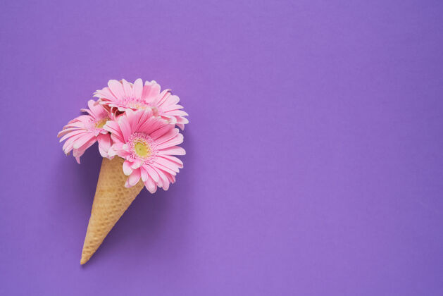 冰淇淋雪糕筒上有粉色非洲菊花紫色收到空间蛋卷甜点花束