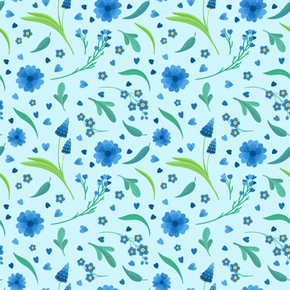 自然蓝色花朵绽放无缝图案时尚植物小