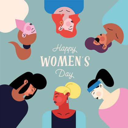 团队快乐的妇女节与六个女孩的角色插图组刻字橙色海报文字
