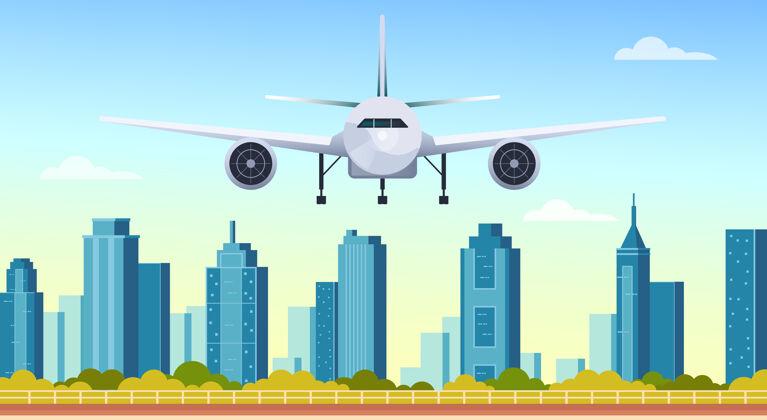 概念飞机飞下现代城市摩天大楼平面平面设计插画概念地区建筑空中
