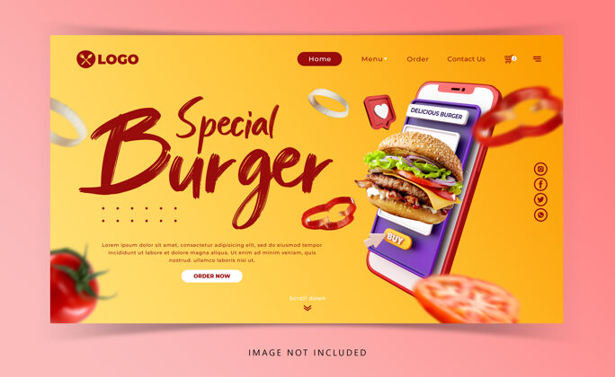 社会媒体创意概念汉堡菜单营销推广模板登录页快餐帖子