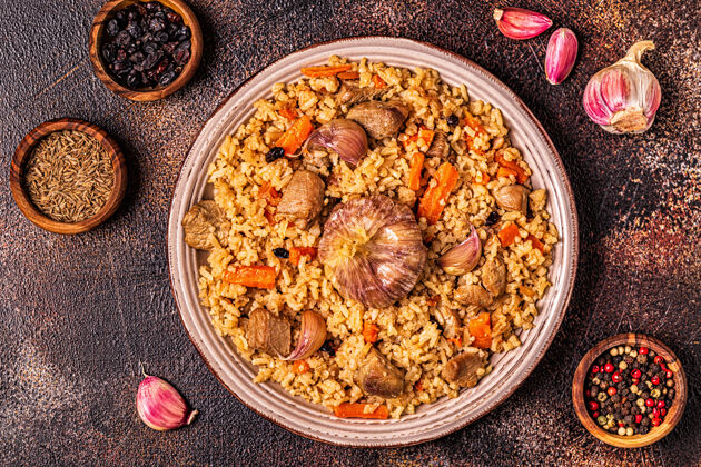 米饭肉夹馍 蔬菜和香料 顶视图膳食晚餐美味