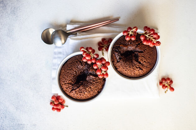 食物新鲜烘焙巧克力软糖蛋糕与红色牧羊犬阿根特浆果在一个碗里蛋糕烘焙石头