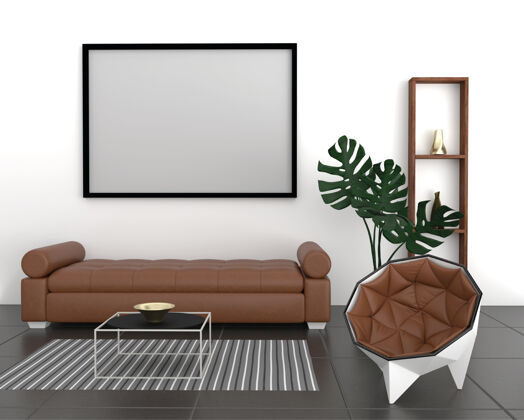 照片模拟海报框架在现代室内背景 客厅 家庭办公室风格 三维渲染 三维插图框架模型现实框架