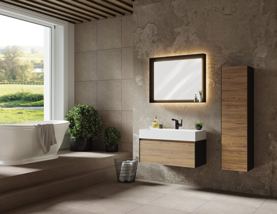 公寓浴室设计与橱柜 镜子和浴缸三维渲染地板建筑椅子