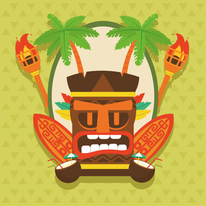 热带Tiki卡通与冲浪板设计夏威夷热带主题插画雕像棕榈卡通
