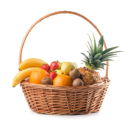 素食在白色的背景下 篮子里放着新鲜的水果营养蔬菜组