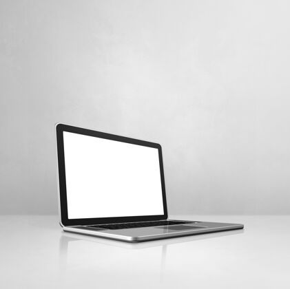 反射笔记本电脑上的白色混凝土办公室场景背景三维插图空白银色办公