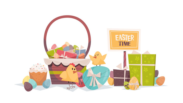 横向可爱的小鸡与装饰彩蛋篮子和礼物快乐复活节春节假期组成贺卡海报水平插图小鸡庆祝标志板