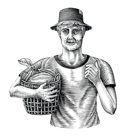 食物手拿可可果篮的男子手绘复古雕刻风格配料热带铅笔画