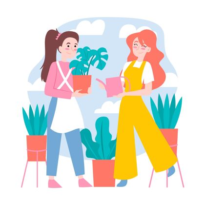 放松手绘的女人照顾植物社会自然蔬菜