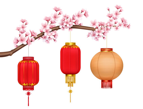 樱花红色和金色的中国灯笼与金色流苏和画笔挂在樱花枝现实中国红挂
