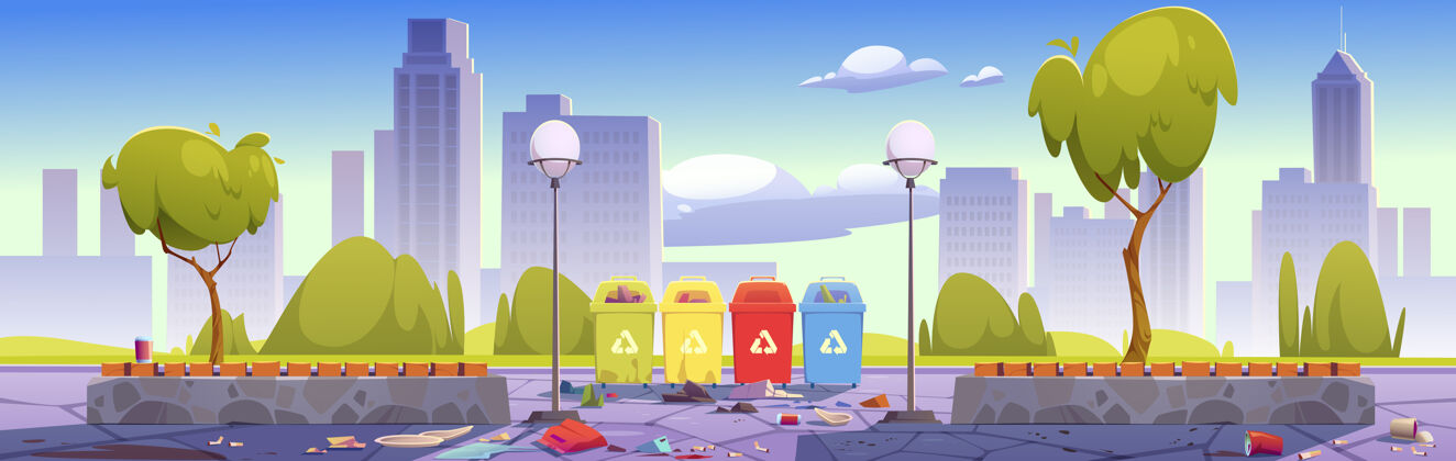 垃圾脏兮兮的城市公园里有垃圾桶 用来分离和回收垃圾公园城市城镇