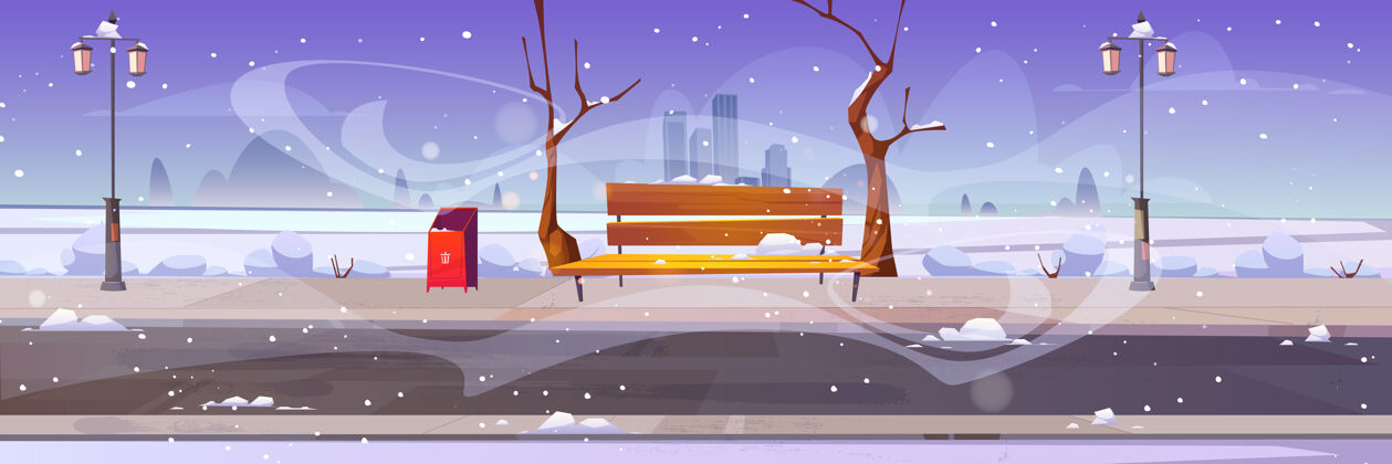风景冬天的城市公园有木凳 光秃秃的树 暴风雪和雪堆全景城市景观花园