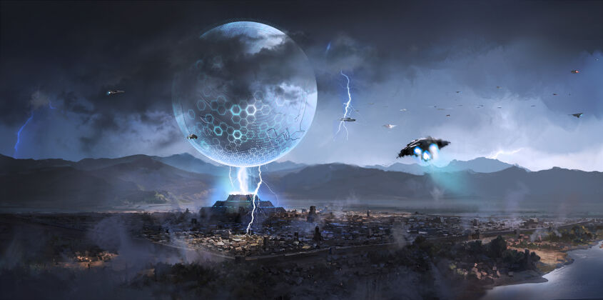 行星外星飞船出现在古城上空 科幻插图遗产堡垒闪电