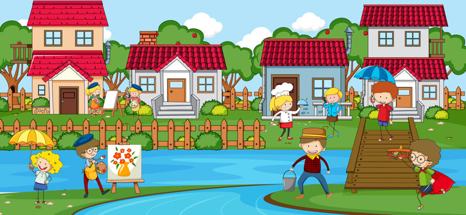城镇许多孩子在公园里玩耍的户外场景可爱温暖游戏
