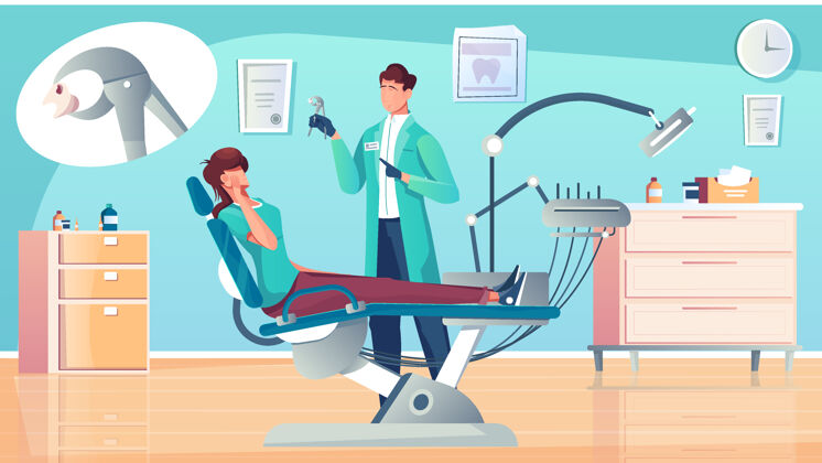 泡沫去除牙齿平面组成与牙医在办公室和病人在牙科椅子与思想泡沫插图思想病人牙齿