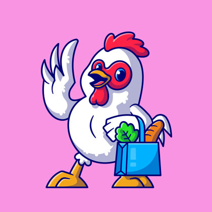 袋子可爱的鸡肉杂货购物卡通图标插图动物食品图标概念隔离平面卡通风格公鸡动物杂货