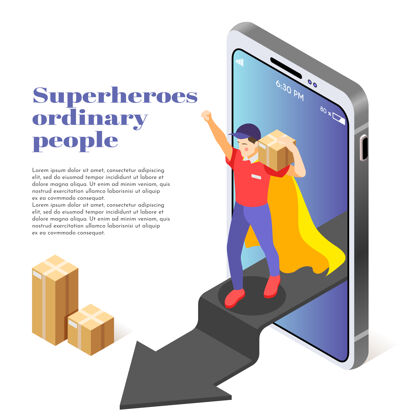 超级英雄普通人作为超级英雄等距插图与快递服务人员提供包裹走出智能手机送货送货服务