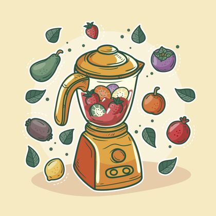 可口手绘果汁在搅拌机玻璃插图搅拌机水果水果冰沙
