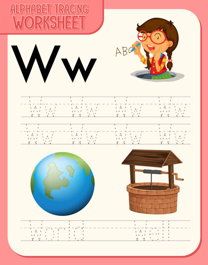 儿童字母表跟踪工作表与字母w和w单词W幼儿园