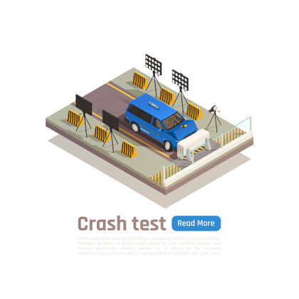 测试碰撞测试汽车安全等距组成与可编辑的文本和汽车撞上屏障的看法组成碰撞安全