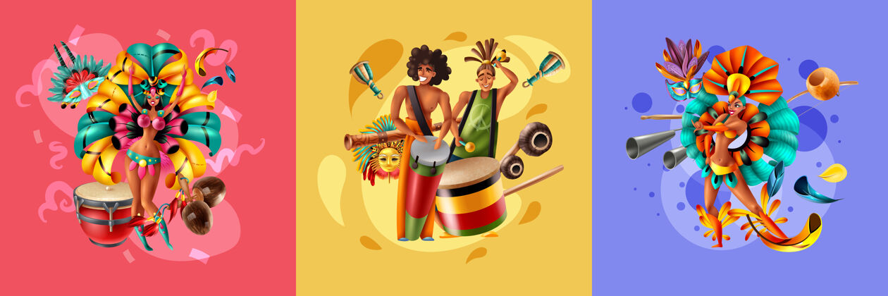 活动巴西嘉年华的音乐家和舞者装扮的逼真设计乐器现实节日