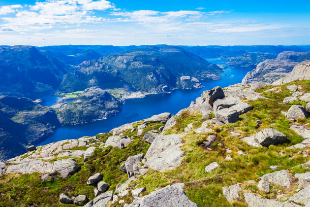 斯堪的纳维亚Preikestolen或prekestolen或讲坛岩石鸟瞰图 挪威全景北欧湖泊