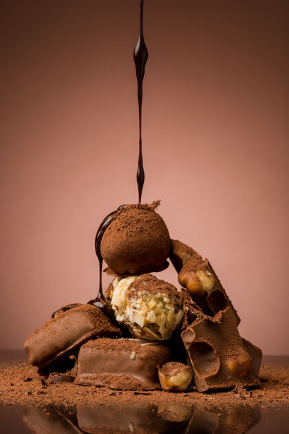 糖果在棕色背景和热巧克力喷雾的衬托下 桌上堆满了碎巧克力垃圾热的糖果