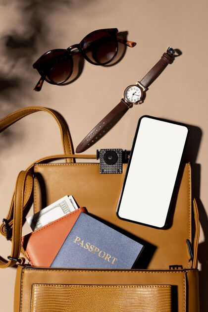 旅游带护照的特写背包护照度假科技