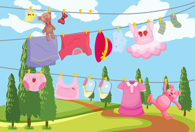 人类可爱的孩子们的衣服挂在一条线在户外的场景熊洗衣线动物