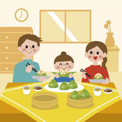 传统扁舟一家准备吃粽子插画平面家庭大米