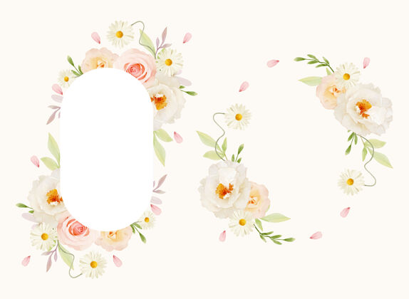 画框美丽的花卉框架与水彩粉红玫瑰和白色牡丹爱情花卉花卉