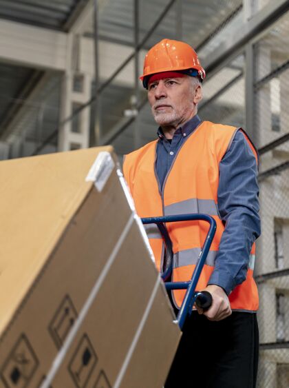 工作带头盔的人拿着箱子携带货物员工